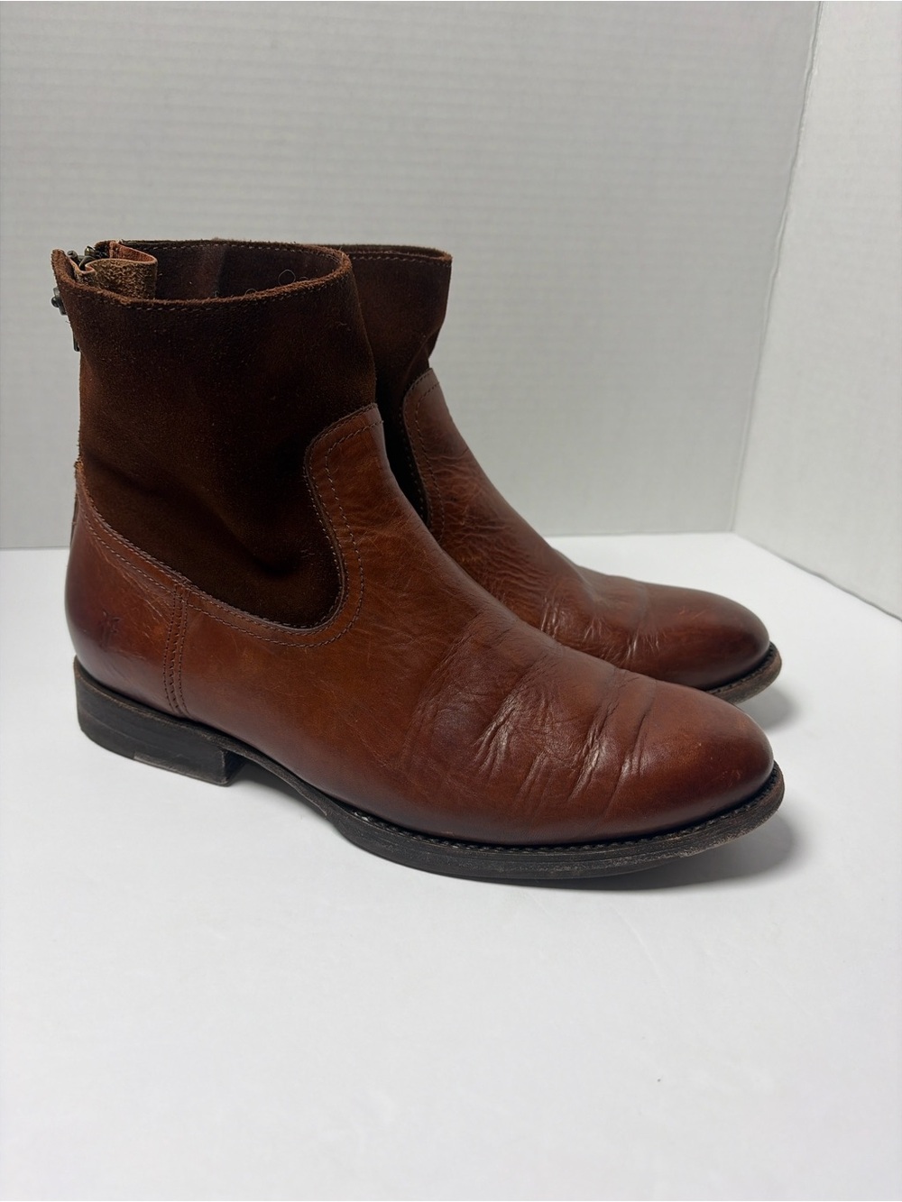 Frye Women’s 7.5 Brown Leather Suede Back Zip Ankle Boots Western Moto